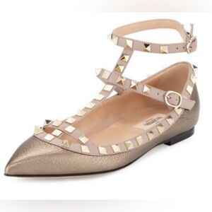 Valentino Metallic Pebbled Calfskin Rockstud Cage Ballerina Flats